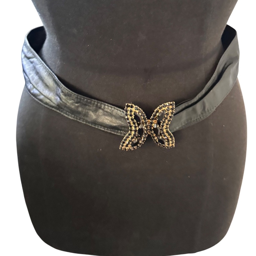 Vintage 90's  Black Leather Gold Butterfly Black Rhinestone Buckle Womens‎ Sm